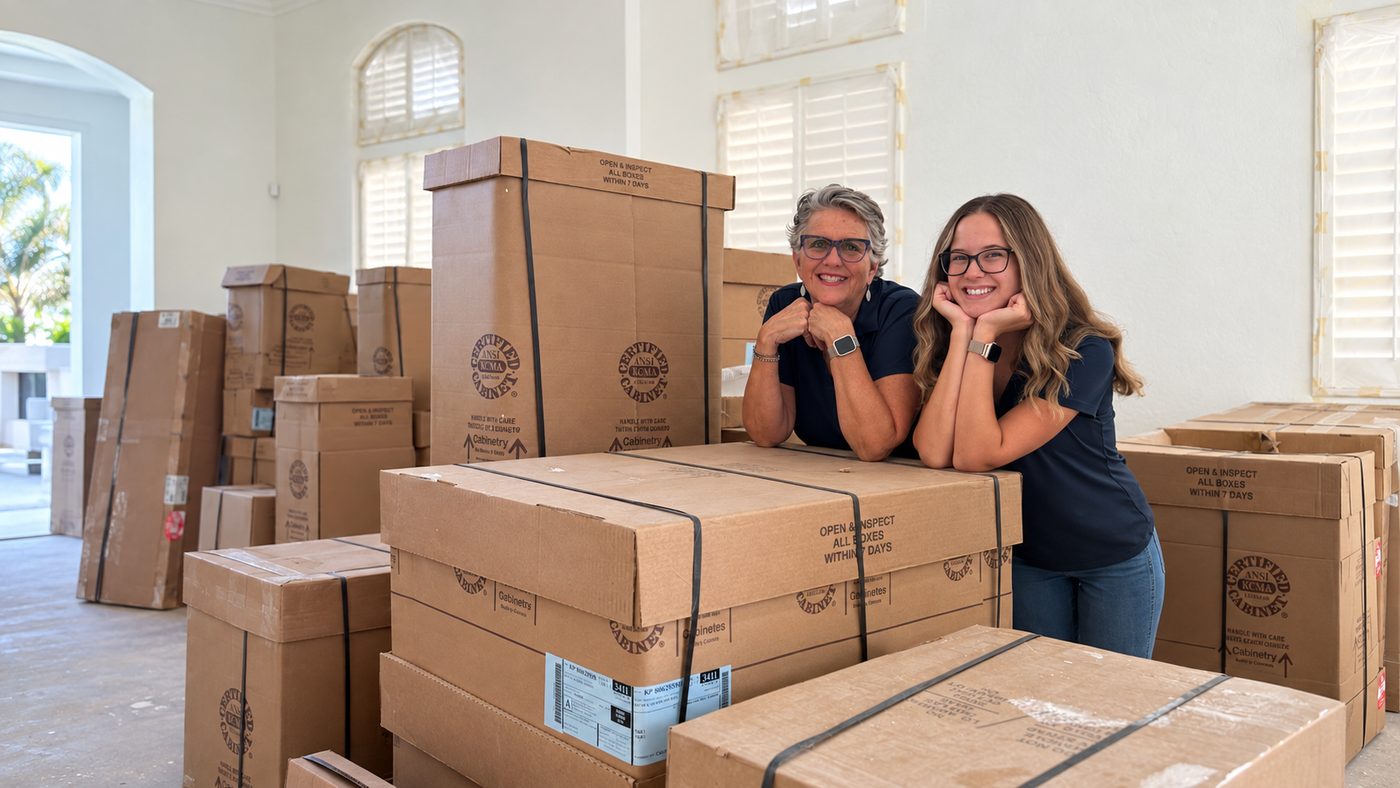 Connie Bunyard and Lizzy of Valley Remodeling leaning on boxed cabinetry delivered to a Mesa, Arizona remodeling project